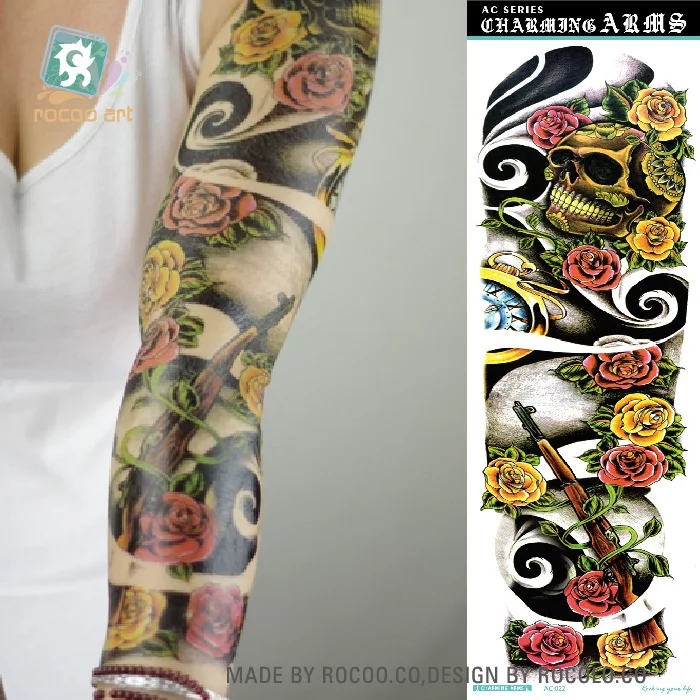 

AC-022/2016 Non-Toxic Flower Super Big Tattoos Sticker Fake Horror Skull Gun Full Arm Temporary Body Tattoo