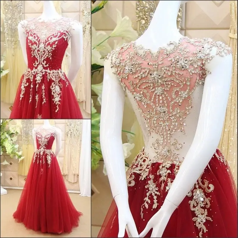 

Custom Made A-line Wine Red Tulle Lace Beaded Sequins Elegant Evening Dresses 2019 New Fashion Party Dress Evening Gown GX48M