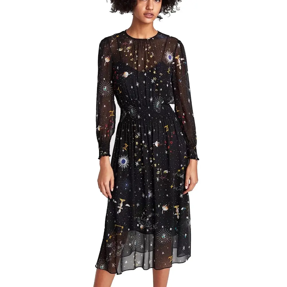 Comprare Za 2019 primavera 2 pezzi di nuovo modo per la completa del nero del manicotto vintage una linea impero graffiti due pezzi di lungo vestito