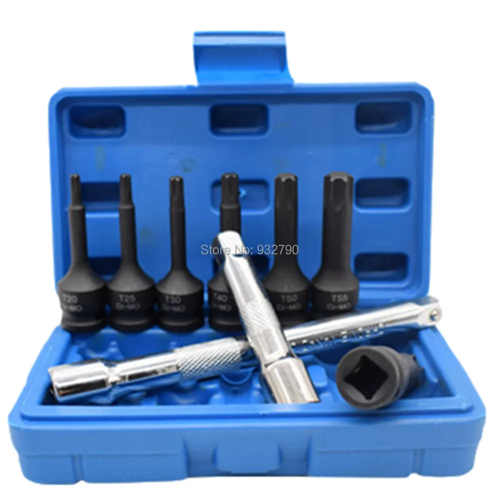 

7pcs Impact Spline Bit Socket T20 T25 T30 T40 T50 T55 T60 Spline Impact Socket w/ 2pcs 3/8" Extension Bar 3" 6" Ratchet Extender