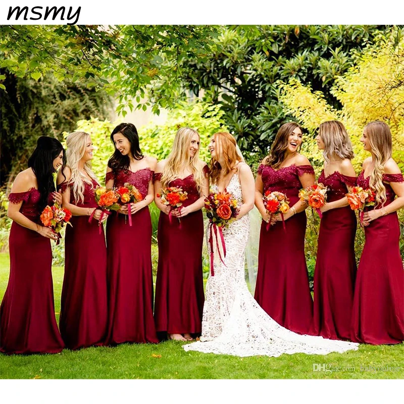 

Summer Garden Burgundy Bridesmaids Dresses for Western Country Weddings Boho Elegant Off Shoulder Appliqued Long Wedding