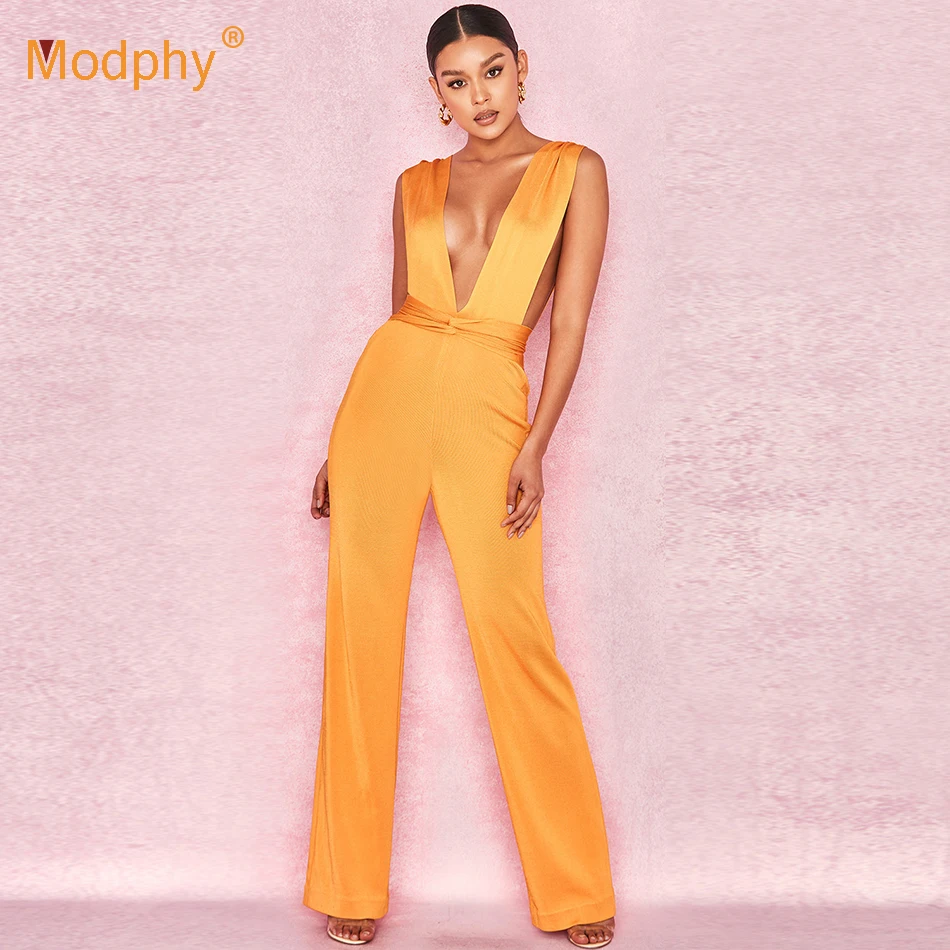 

Spring Orange Sleeveless Bandage Jumpsuit New Sexy Deep V-neck Bodycon Hosting Celebrity Party Wide Legs Jumpsuit Wholesale
