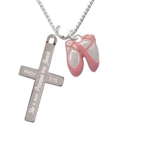 Large Pink Ballet Slippers - She is More Precious - Cross Necklace (1)