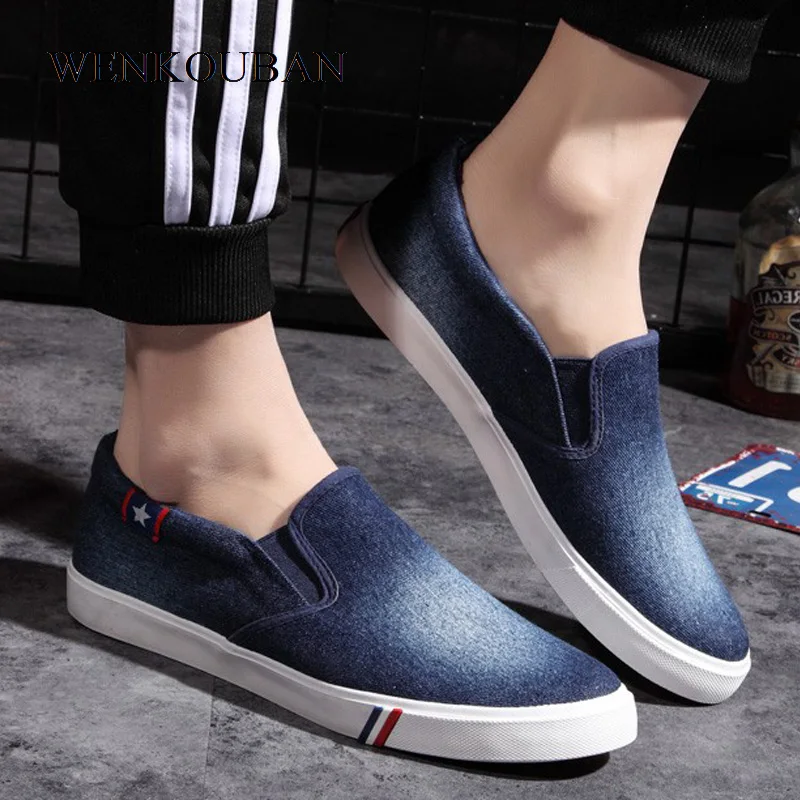 Ceny Męskie tenisówki Denim Sneakers Casual mieszkania buty męskie dorosłe letnie męskie trenerzy oddychające wkładane mokasyny Tenis Masculino