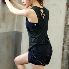 Йога футболки Для женщин без рукавов тренировки верхней части ткань отводящая влагу спортивная топ женщина, перекрестные завязки, Фитнес безрукавки для черный Бег жилет