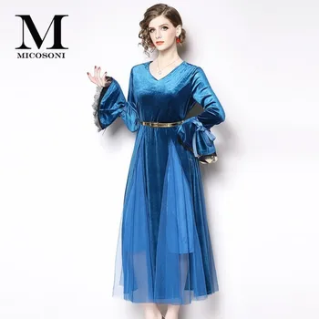 

Elegance Blue 2019 Spring New European Swagger Flare Long-sleeved V-neck Yarn Splice Velvet Dresses for Women Plus Size S-XXL