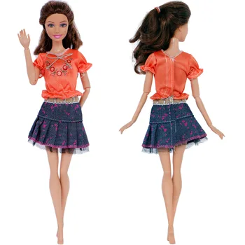 

Handmade Orange Dress Summer Casual Wear Bowknot Flower Pattern T-Shirt Denim Skirt Clothes for Barbie Doll Accessories Toy
