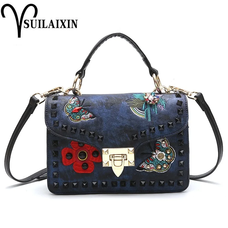 

women designer embroidery handbag rivet small diamonds crossbody bags colorstraps wide shoulder bag high quality