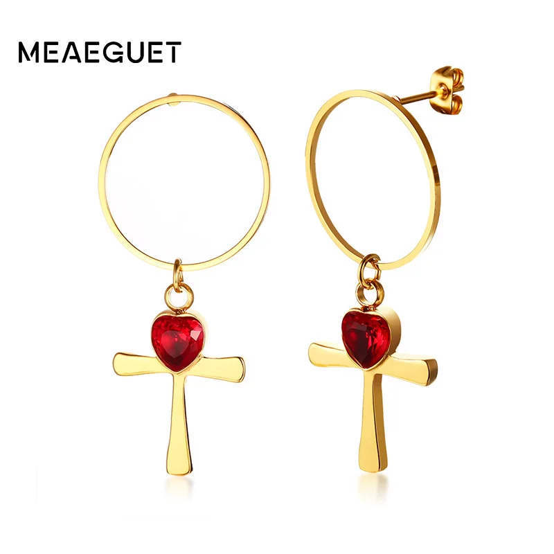 

Meaeguet Red Crystal Drop Earrings Ankh Cross Gold-Color Stainless Steel Layered Earring Jewelry For Women Crosses Pendientes