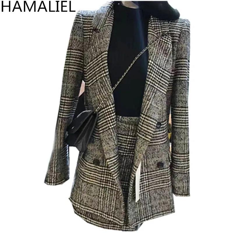 HAMALIEL, зимние женские костюмы,, офисный клетчатый твидовый блейзер с длинным рукавом, верхняя одежда+ модная мини-юбка, комплект из 2 предметов, Vestidos