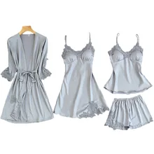 Черные женские 4 шт ремень Топ и штаны костюм пижама комплекты одежды для сна Весна Домашняя ночная рубашка соблазнительное кимоно Халат банный Халат