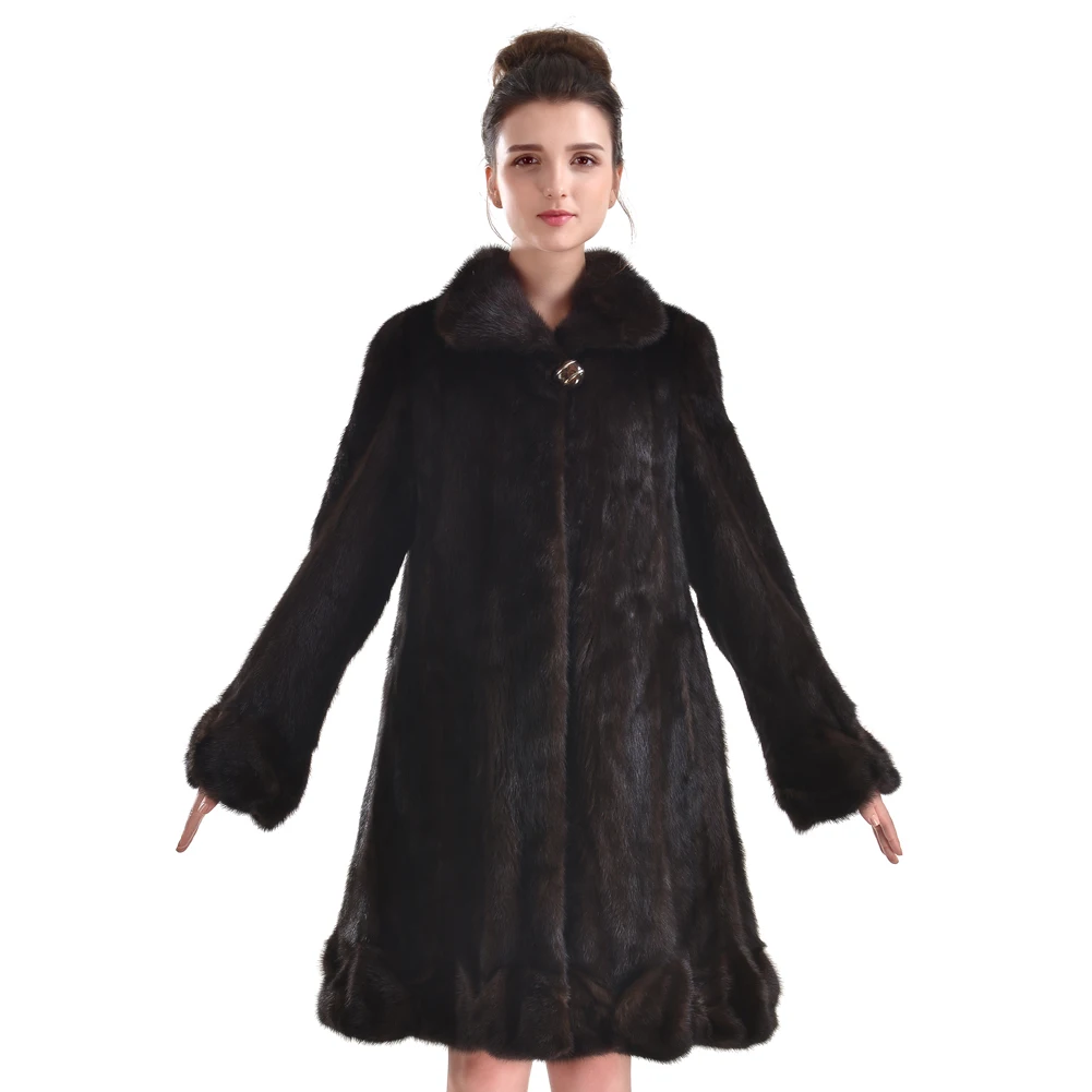Real Fur Coat For Women Sable Collar Long Thick Coat Mink Soild Color