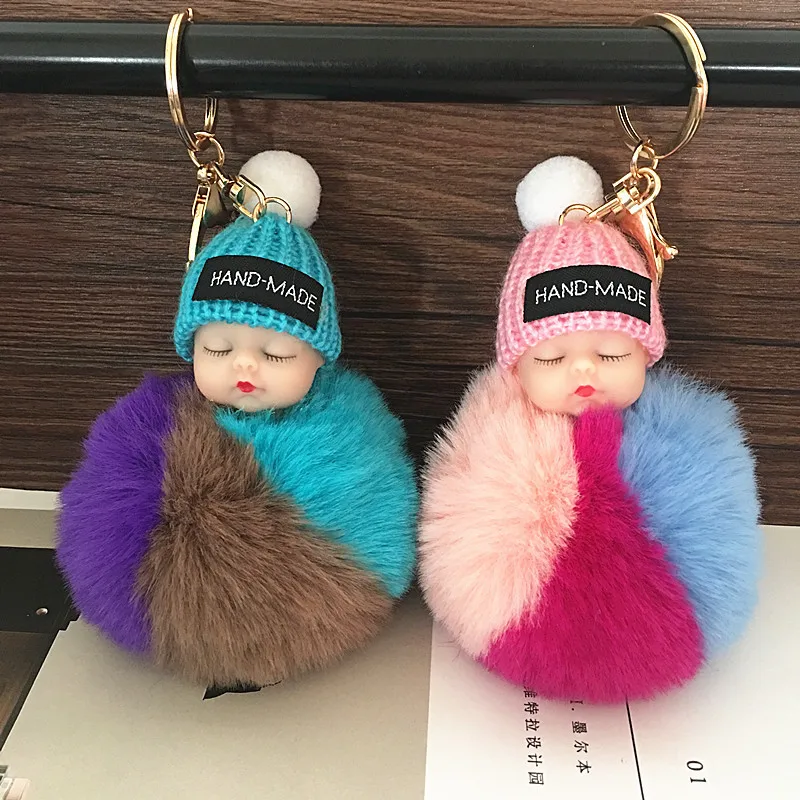

Color Sleeping Baby Doll Keychain Pompom Rabbit Fur Ball Key Chain Car Keyring Women Key Holder Bag Hanging Pendant Accessories