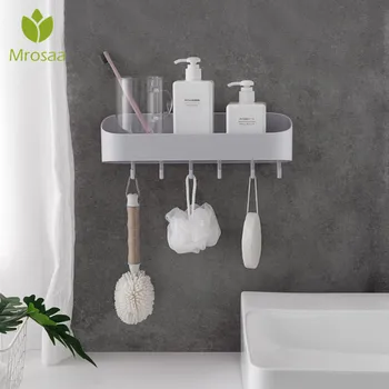 

Multi-function Hook Rack Bathroom Shelf Organizer Caddy Wall Mount Shower Towel Storage Box Holder W/ Hooks for Kitchen Bathroom