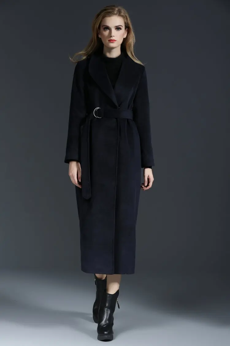 Женское осеннее зимнее шерстяное пальто с отложным воротником x-Long Модное темно-синее шерстяное пальто с поясом - Цвет: dark blue