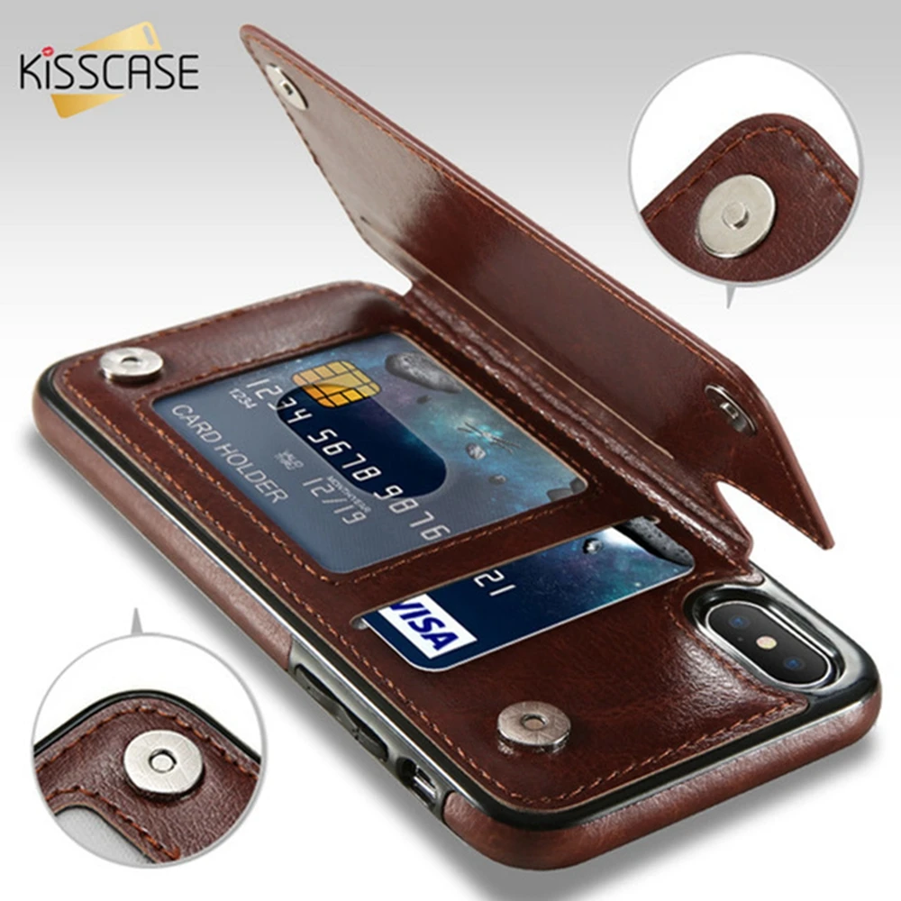 KISSCASE الرجعية بو الجلود حقيبة لهاتف أي فون X 6 6 s 7 8 زائد XS 5 S SE متعددة بطاقة حاملي الهاتف خزائن هاتف آيفون XS ماكس XR 10 غطاء