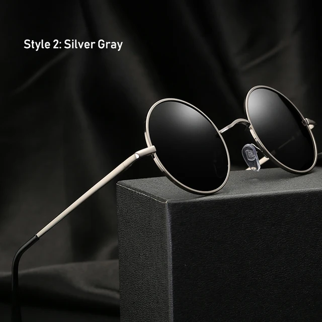 Retro Vintage Round Polarized Sunglasses Men Brand Designer Sun Glasses Women Alloy Metal Frame Black Lens Eyewear Driving UV400 D2 Silver