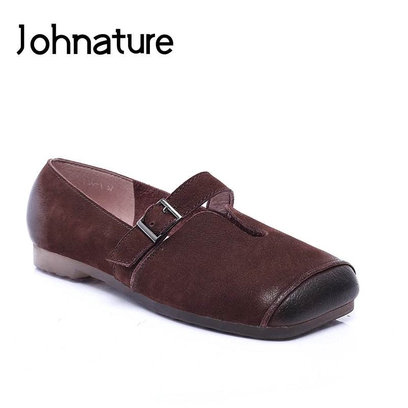 

Johnature New 2020 Spring/Autumn Handmade Genuine Leather Buckle Strap Casual Square Toe Sewing Shallow Flats Women Shoes