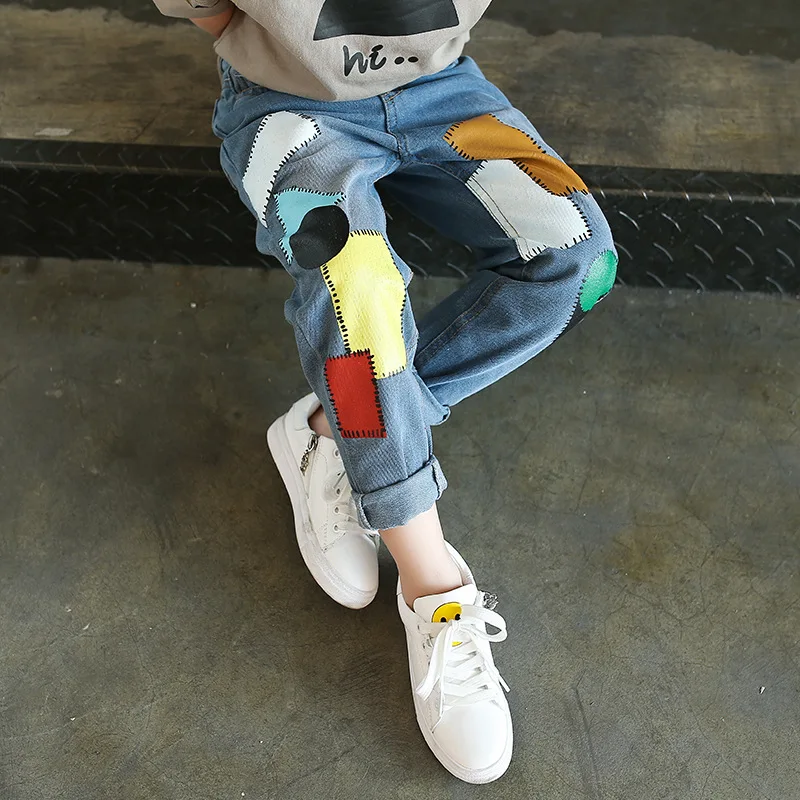 

Patchwork Fashion Korean Style Soft Girls Jeans Brief Casual Solid Elastic Waist Kids Jeans Soft Mid Street Wind Jeans For Girls