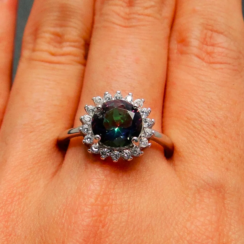 925 Sterling Silver Rainbow Mystic Topaz Gemstone Rings 8X8MM Round Trendy Engagement Wedding Ring Fine Jewelry for Women