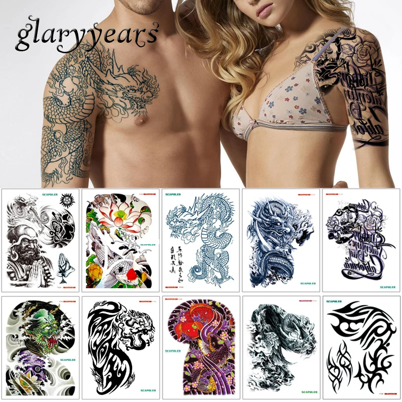 Glaryyears 17 تصاميم 1 ورقة 32*24 cm كبيرة كبيرة الكتف نصف الذراع الوشم Scapuler ملصقا التنين اللوتس المؤقتة وشم على شكل رسوم للجسم