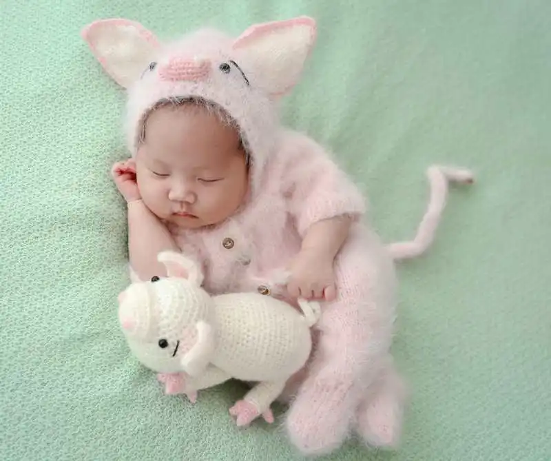 Мохер детская шапка и игрушка набор крючком новорожденный свинья капот прекрасный ребенок шапочка вязаная игрушечные животные игрушка новорожденная Фотография реквизит