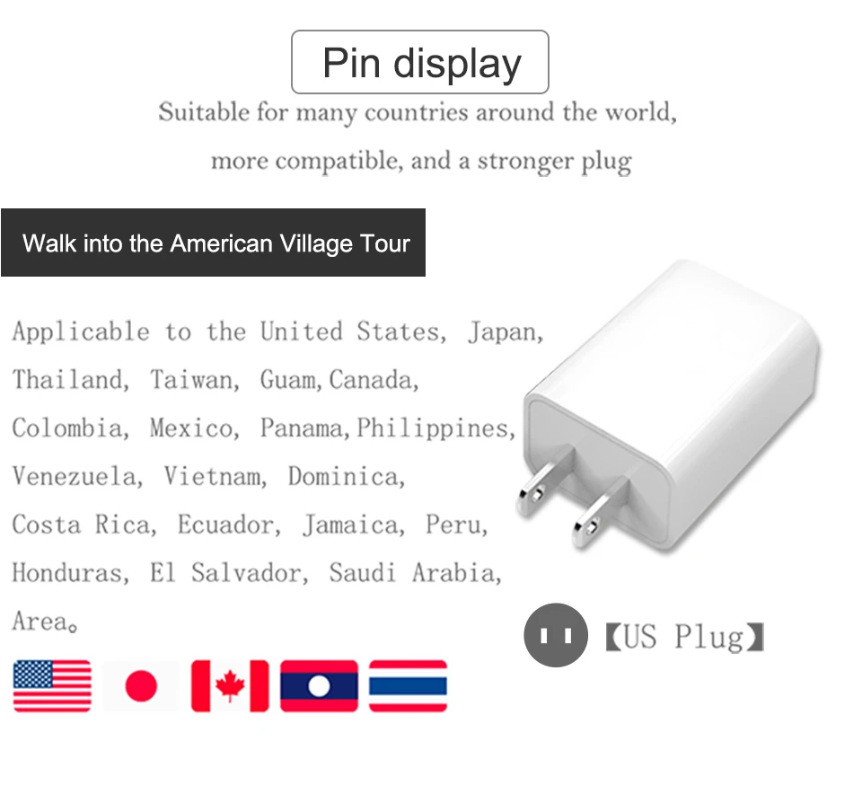 Адаптер 5V2A для быстрой зарядки с разъемом USB для зарядки телефона, настенное зарядное устройство для путешествий в США, Японии, Таиланде, Канаде, Колумбии