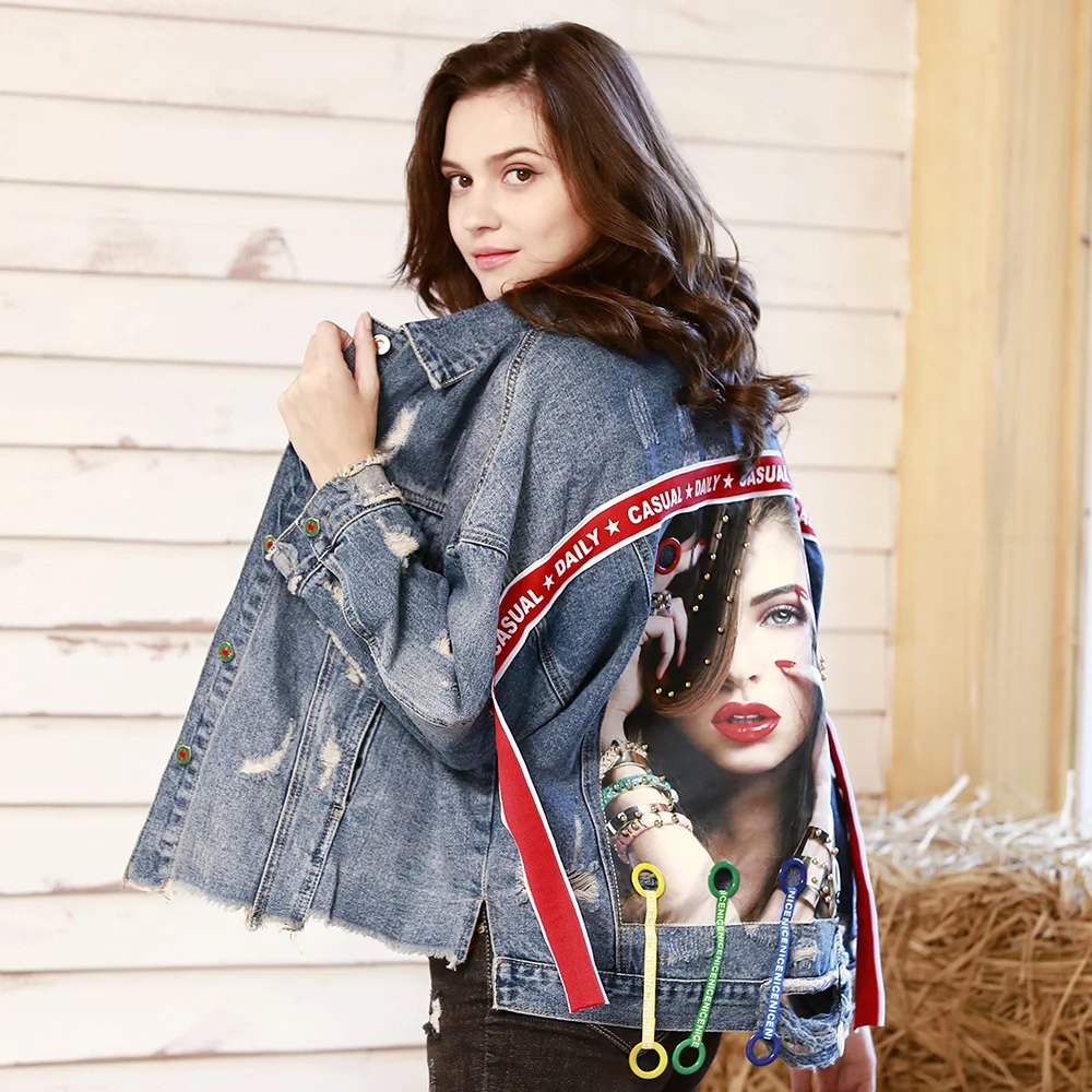 

Women Frayed Hole Applique Vintage Denim Jacket Embroidery Loose Bat Sleeved Coat Blouse Asymmetric Patchwork Ribbons Streetwear