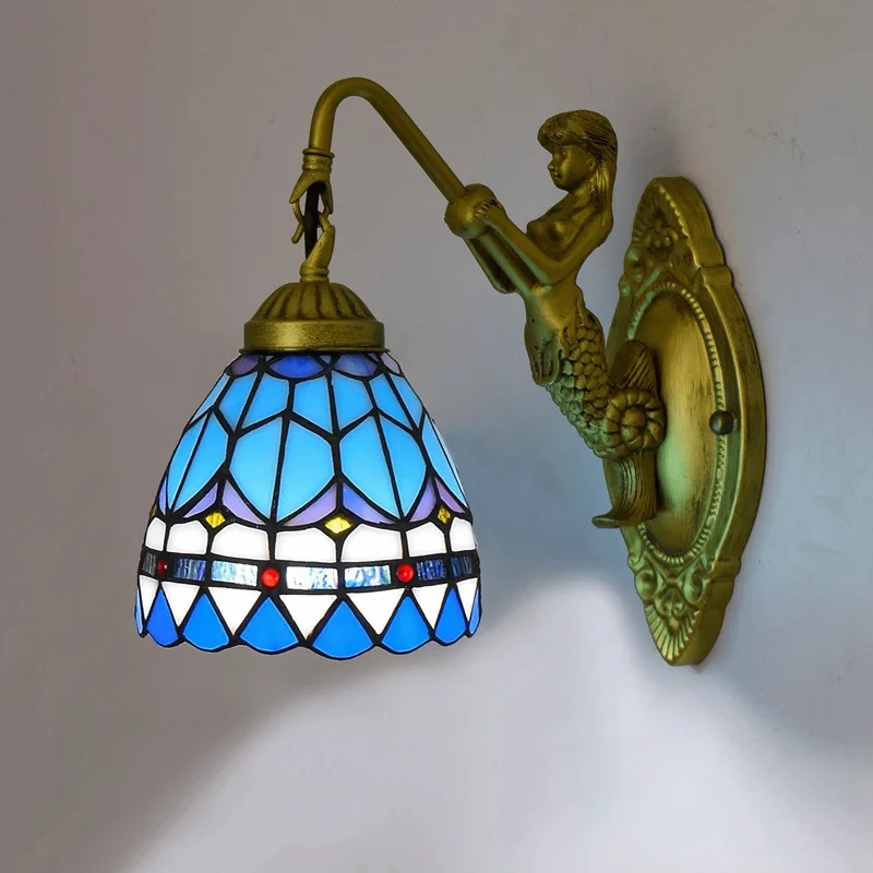 

European style Tiffany coloured glass living room, bedroom bar club aisle balcony, feather Mediterranean wall lamp