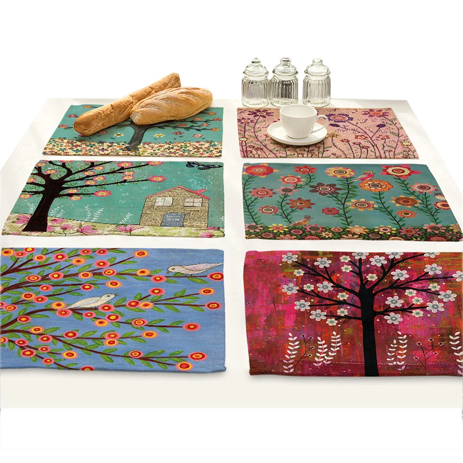 

Cartoon Tree of Life Bird Flower Design Kitchen Placemats for Dining Table Cloth Linen Rectangle Accessories Cup Coaster Doilies