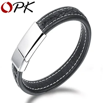 

2015 Black Genuine Leather Bracelet Man Bangle Stainless Steel Fashion New Men Jewelry Rock Chunky Leather Men's Bracelets PH955
