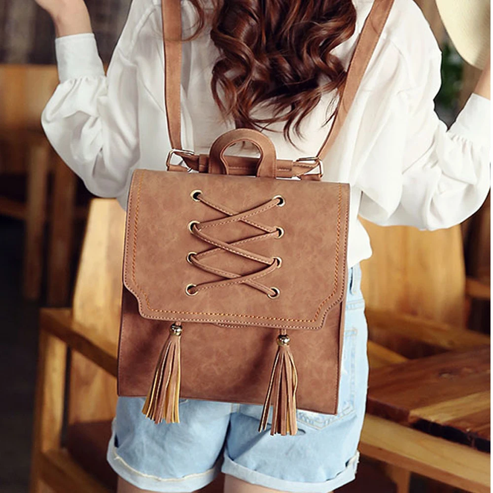 European And American Style Vintage Weaving Backpack Wemen PU Korean Style Fashion Popular Tassel Backpack Preppy