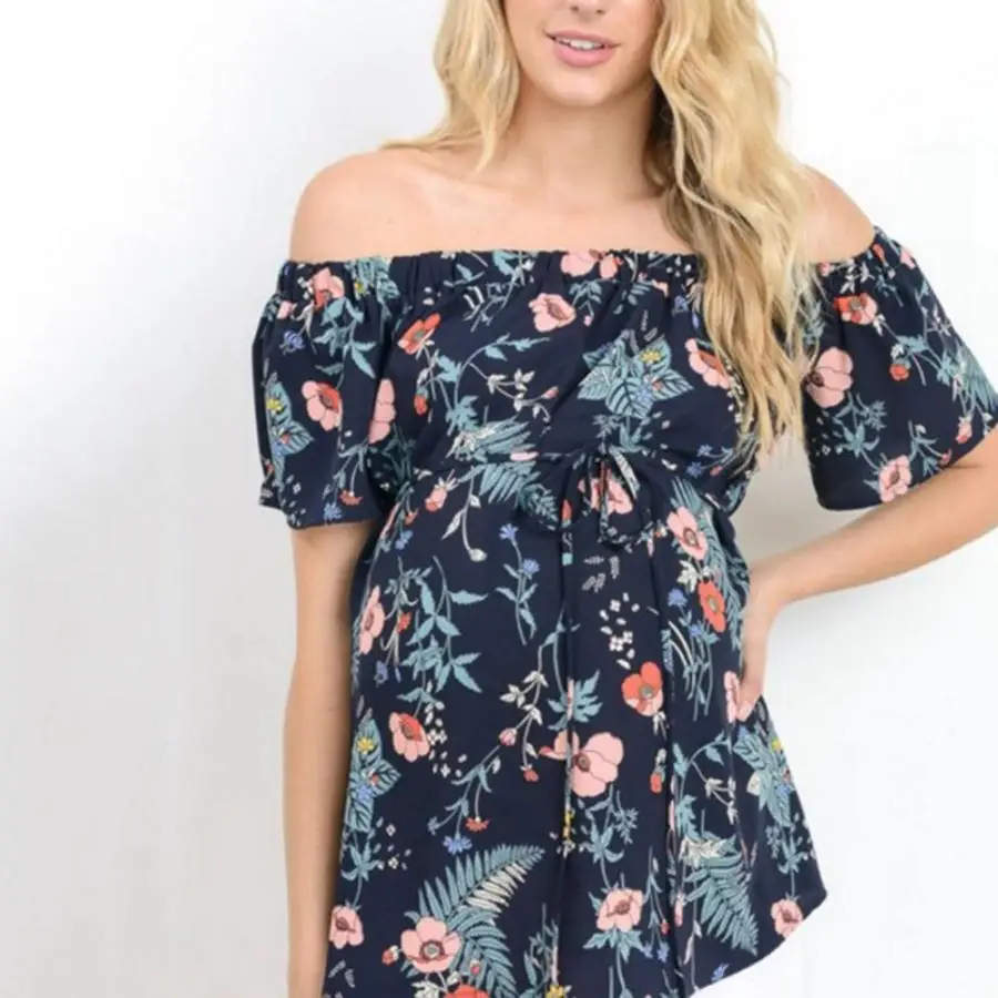 

Plus Size Summer Fashion Pregnant Women Casual Short Sleeve Off Shoulder Floral Print Shirt Slash Neck Chiffon Blouse Top Blusa