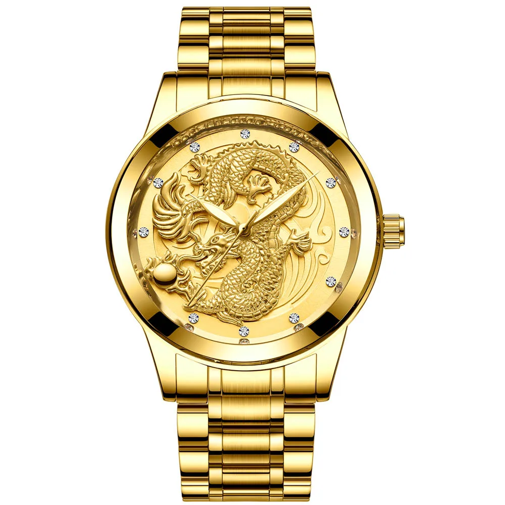 FNGEEN New watch male quartz watch dragon pattern luminous gold color quartz ultra-thin steel belt 