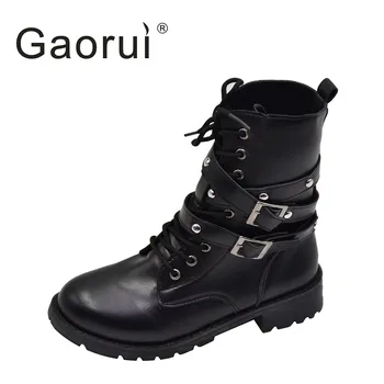 

GAORUI Fashion Women Ladies Motorcycle Boots Vintage rivets buckle Combat Army Punk Goth Ankle Shoes PU Leather Short Boots