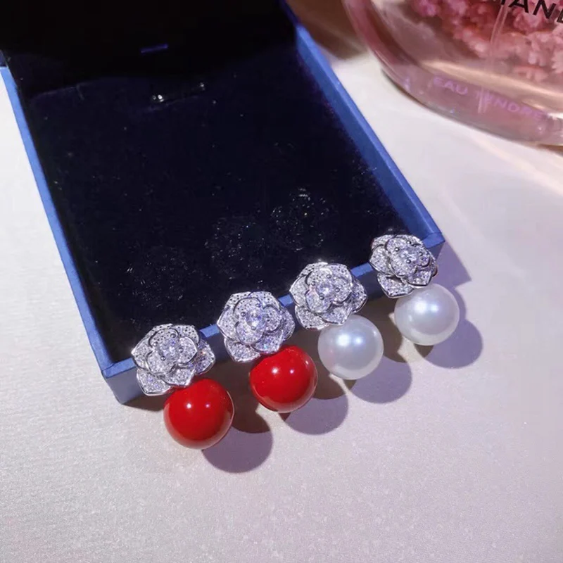 

SM Elegant AAA Zircon Camellia Flower Stud Earring With Pearl Pure 925 Sterling Silver Women Wedding Party Jewelry