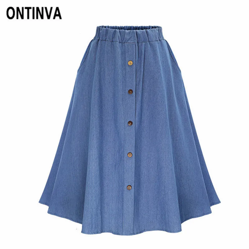 Buy Single Breasted Blue Jeans Midi Skirts with