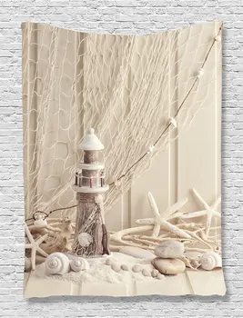 

Wooden Lighthouse Tapestry Wall Hanging By Ambesonne Marine Fishing Net Sea Stars And Shells