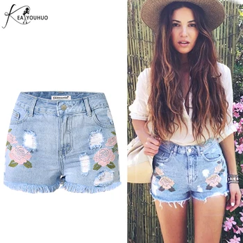 

2019 Summer High Waist Tassel Flower Embroidery Jeans Female Light Blue Casual Pants Scratched Hole Denim Short For Women Jeans