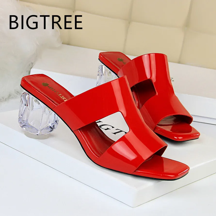 

BIGTREE Shoes Women outside Summer Slippers with heels 2019 transparent crystal jelly heels Slides fashion peep toe Green yellow
