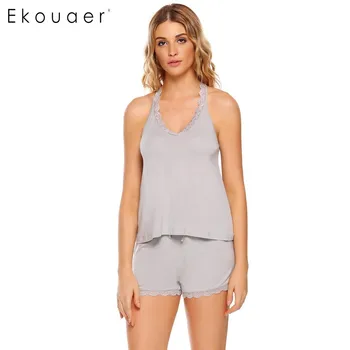 

Ekouaer Pajamas Set Women Sleepwear V-Neck Sleeveless Lace Patchwork Elastic and Lace Up Waist Sexy Pajama Set Female Homewear
