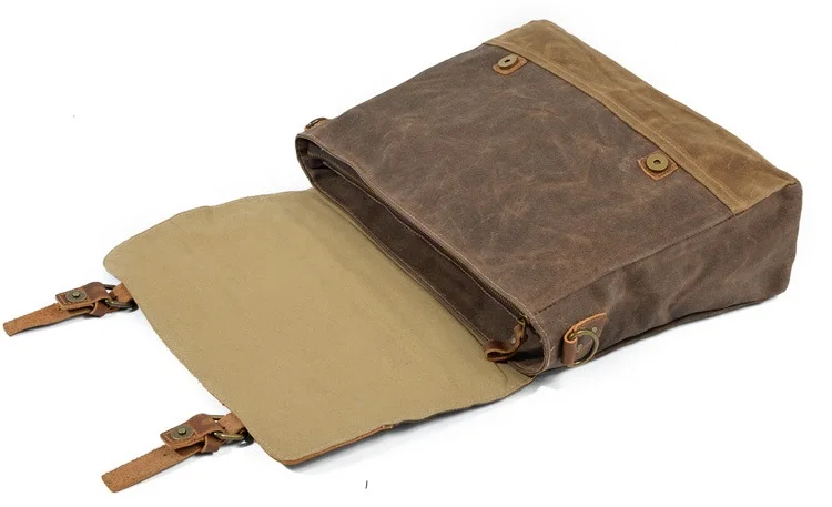 Offene Präsentation der Woosir Herren-Umhängetasche, wasserdichte Canvas-Leder-Computer-Laptop-Tasche