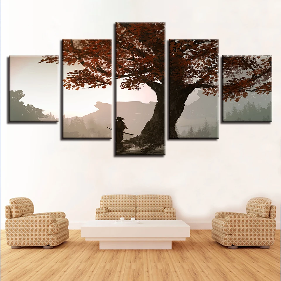 

Canvas HD Prints Modular Pictures Home Decor 5 Pieces Samurai Anime Paintings Wall Art Maple Tree Poster Living Room Framework