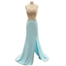 Neue Ankunft Light Blue Prom Kleid Schatz Appliques Perlen Frontseiten-schlitz Backless Reizvolle Formale Party Kleider