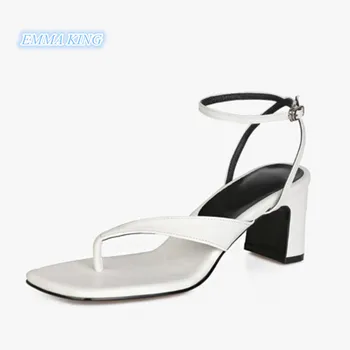 

Solid Leather Sexy Thong Women Sandals 2019 Summer Square Toe Thick Heels Fashion Ladies Shoes Ankle Buckle Hollow Roman Sandals