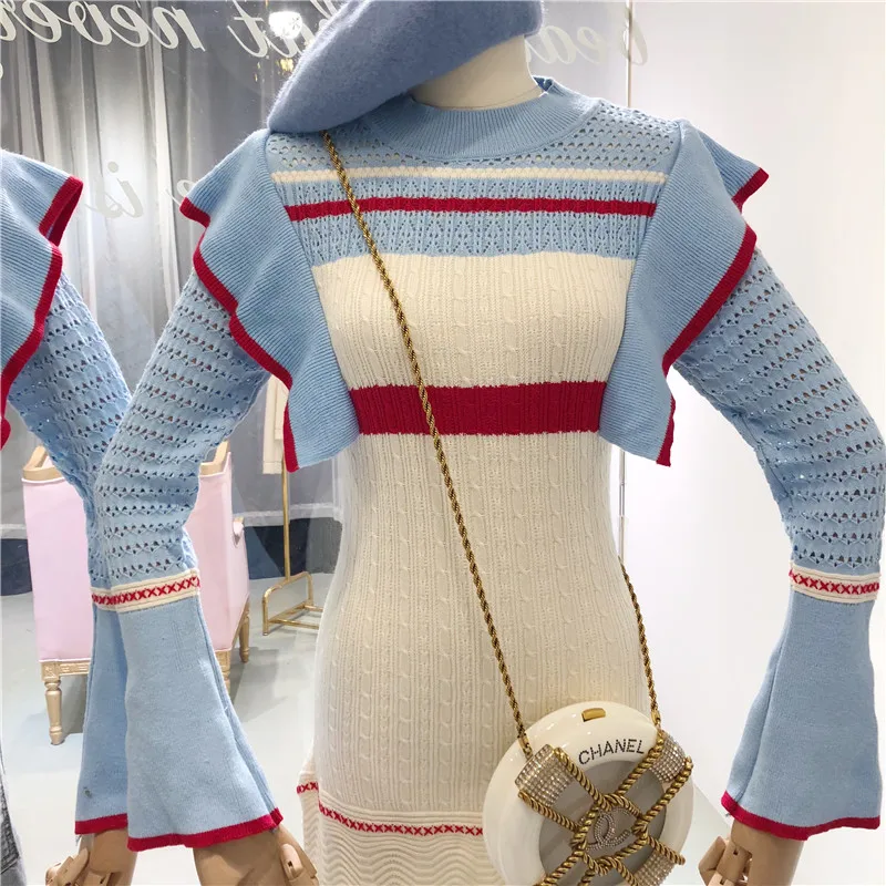 2018 женский джемпер с оборками в полоску Тонкий женский свитер с расклешенными рукавами женский милый модный вязаный свитер на Рождество