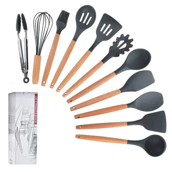 

Silicone Cooking Utensils Kitchen Utensil Set Nonstick Cookware Wooden Handles Cooking Tools Turner Tongs Spatula Spoon P7Ding