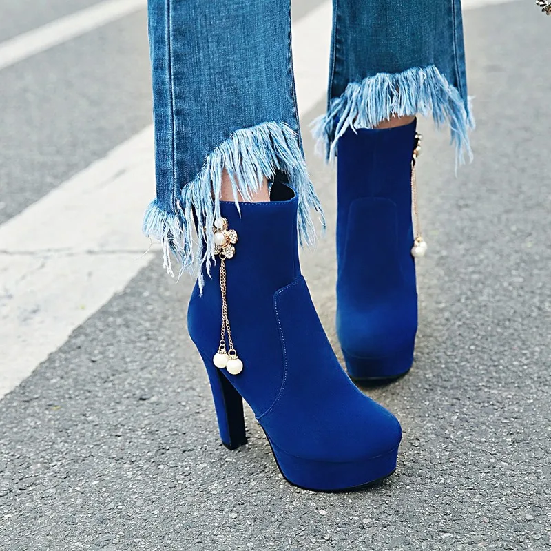 

2019 New Fashion Women Ankle Boots Autumn Winter Warm side zipper Women Ankle Boots Metal chain pearl decoration boots