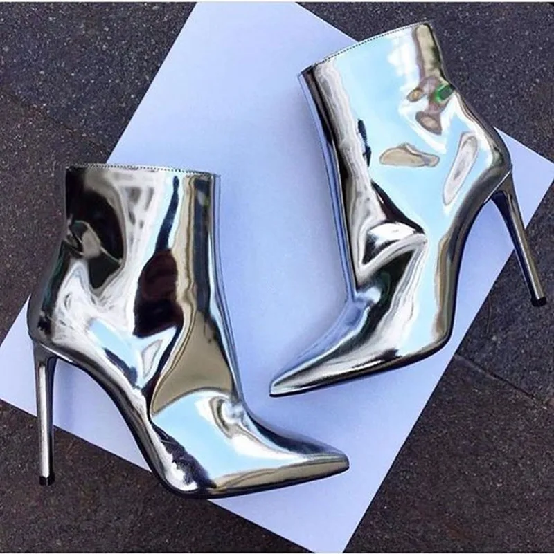 Fashion Metallic Leather Ankle Boots Pointed Toe High brand Women Pumps Sexy Ladies Shoes Woman Mirror Gold Silver Women Boots