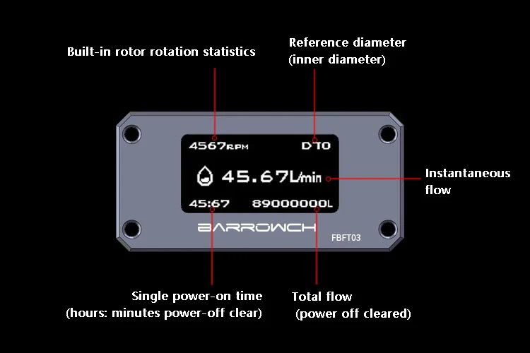 Barrowch FBFT03, водяного охлаждения цифровой дисплей OLED роторный расходомер, черный/серебристый/красная панель